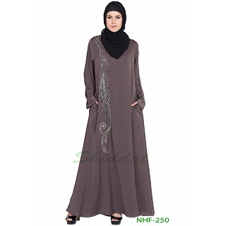 Umbrella abaya with simple stonework- Ash Brown